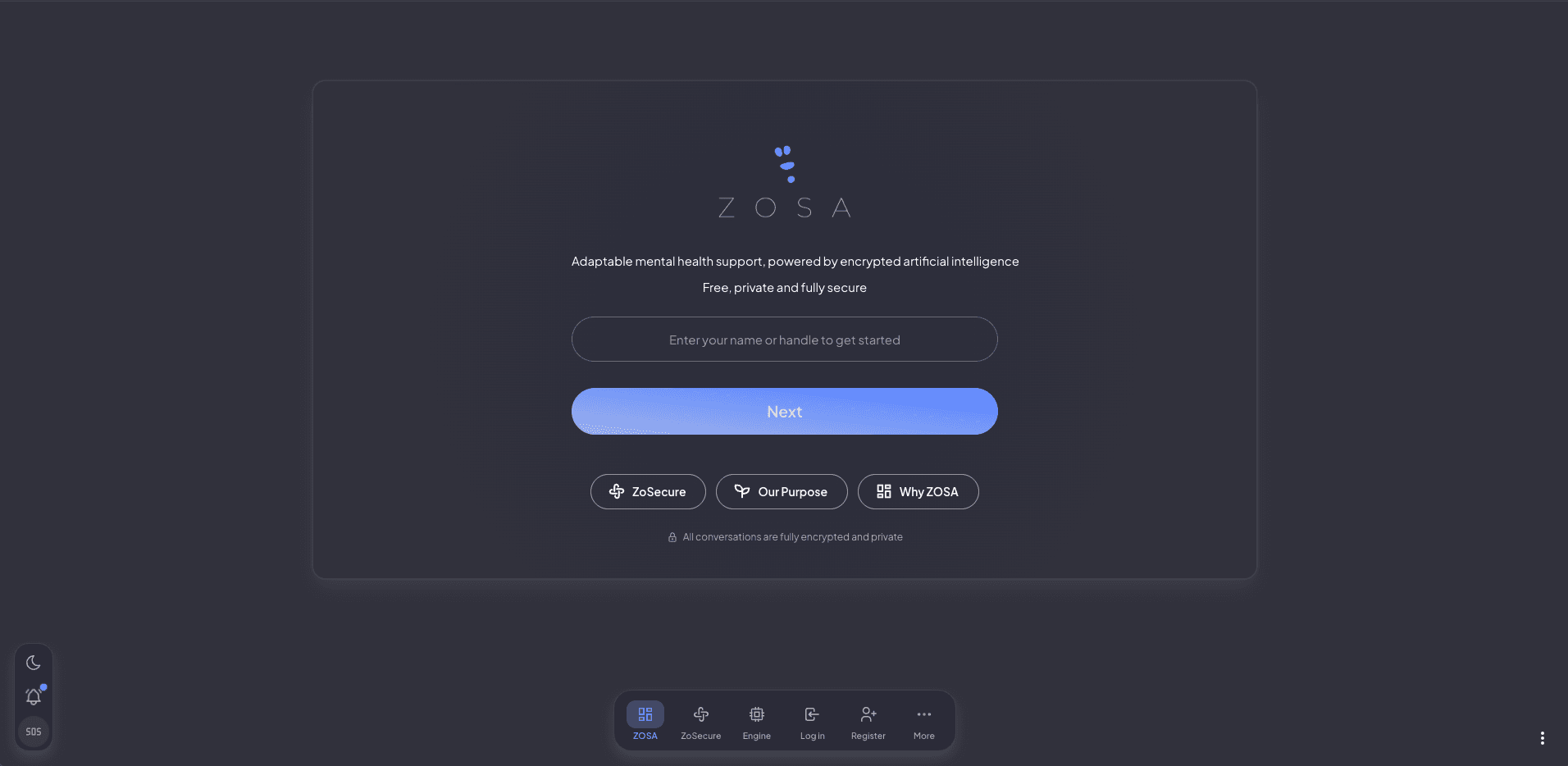 The ZOSA web app: an onboarding screen offering encrypted, private mental health conversation.
