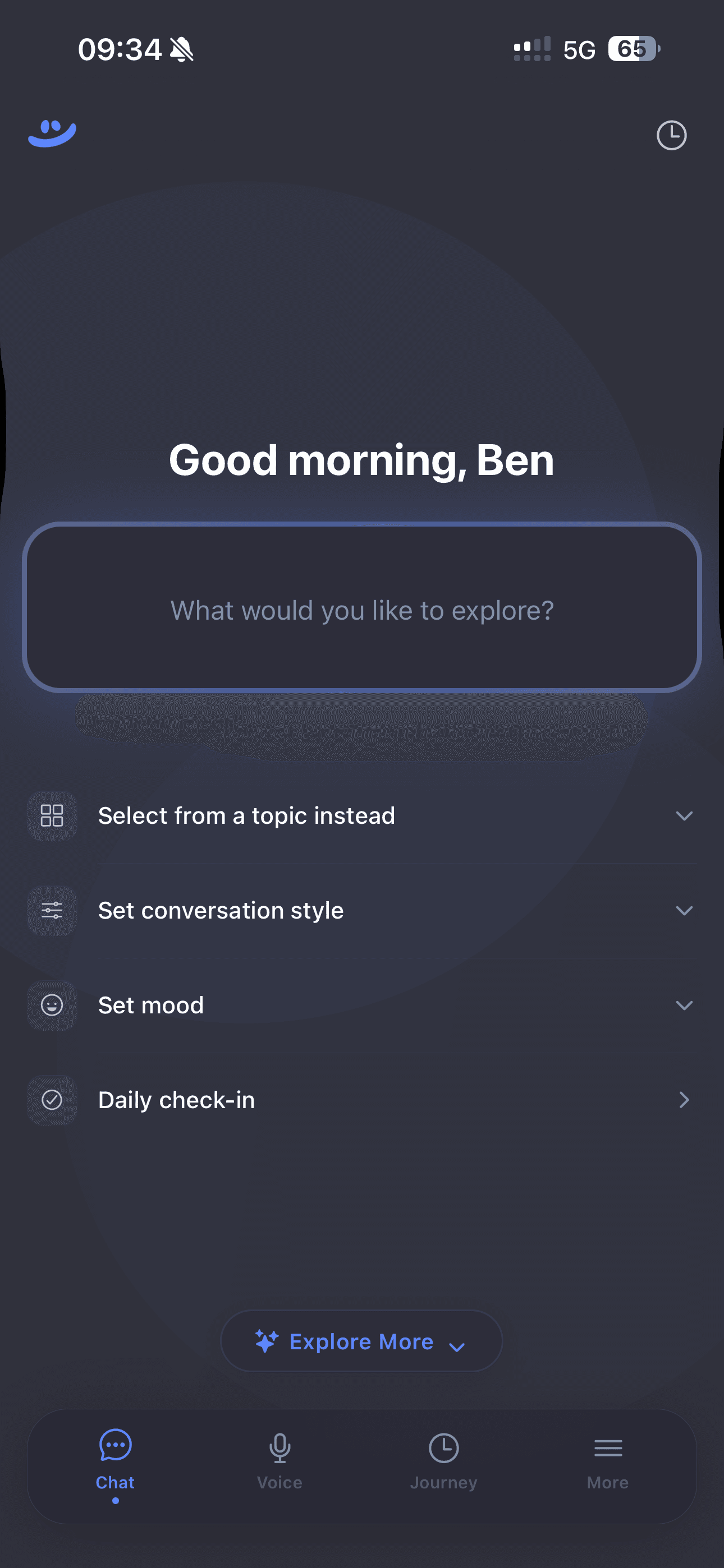 The ZOSA iOS app home screen, showing conversation entry points and a daily check-in.